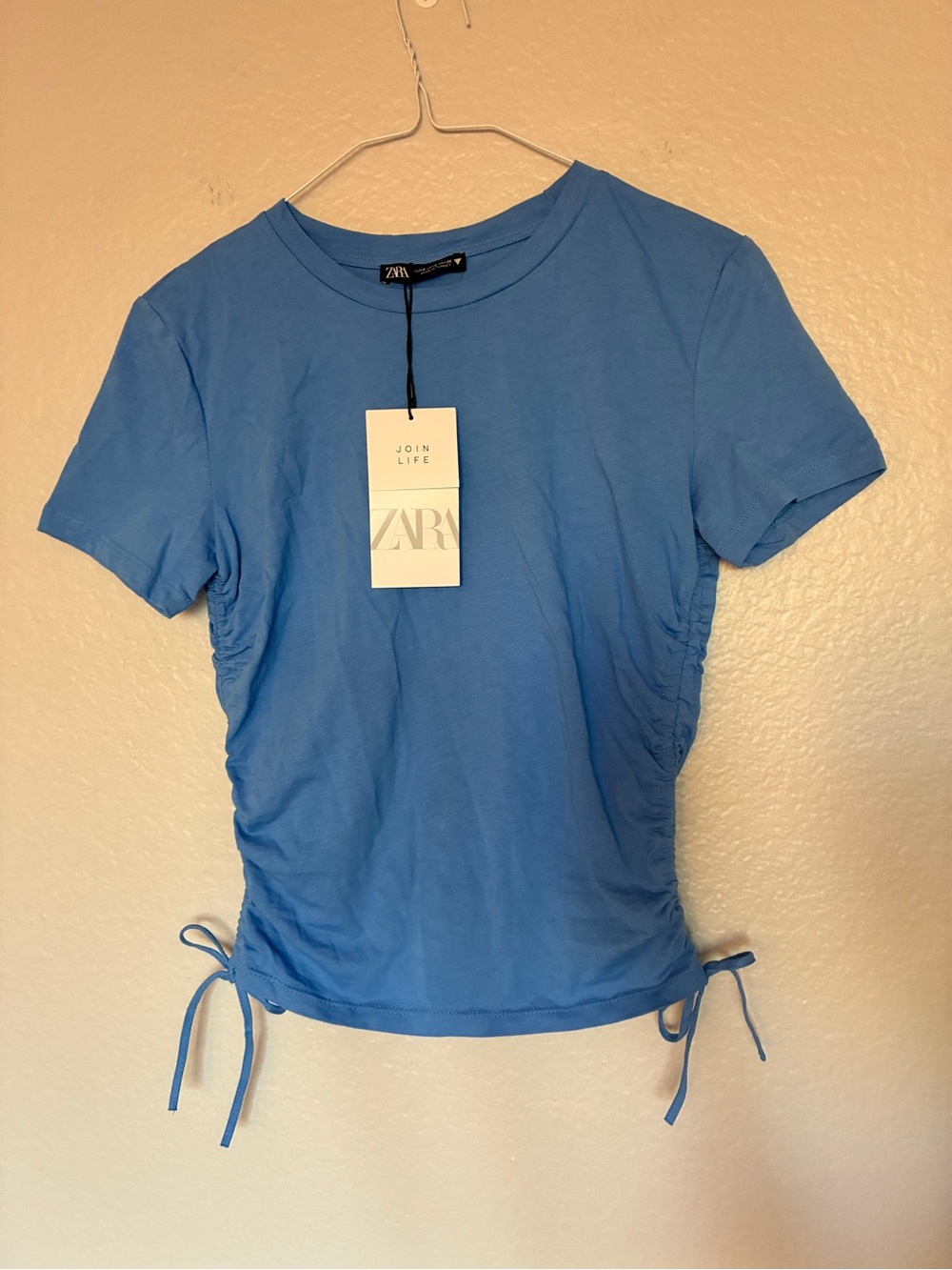 NWT Zara Blue Ruched Side Tie Cinched Fitted Tee Crop Top Women's Size S Y2K
